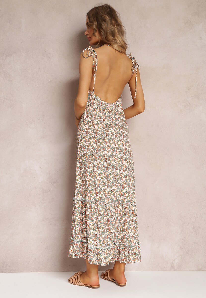 Biała Sukienka Maxi z Wiązanymi Ramiączkami i Falbanką na Dole Krosby