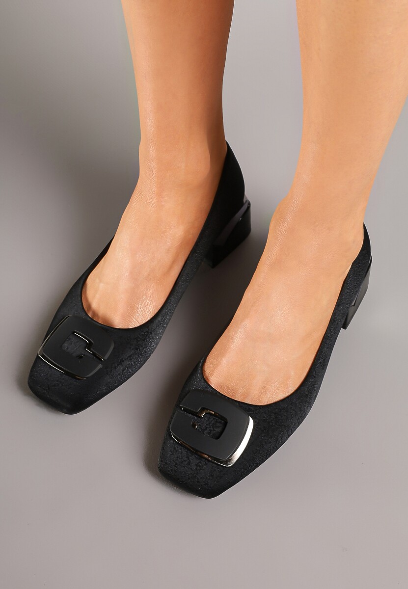 Czarne Eleganckie Czółenka na Słupku z Geometryczną Ozdobą Marithra