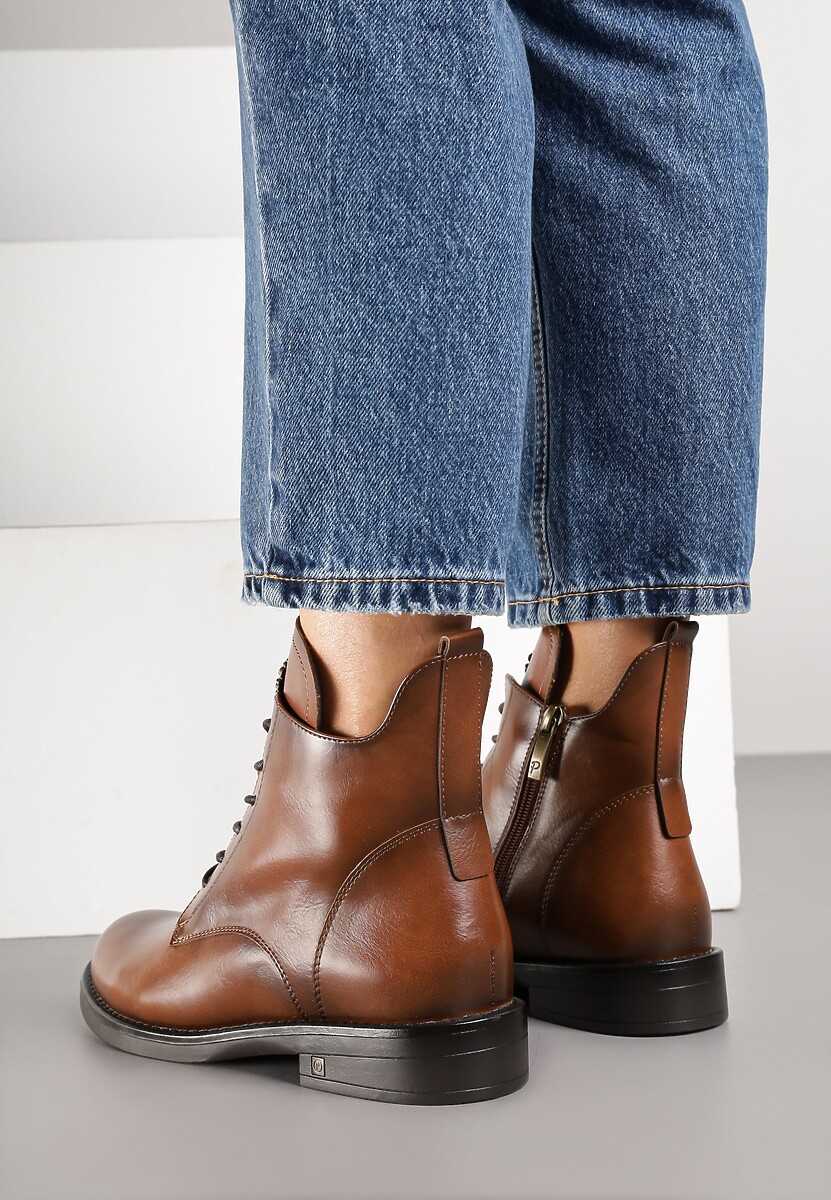 Brązowe Botki z Ekoskóry ze Sznurowaniem i Zdobieniem na Języku Diranda