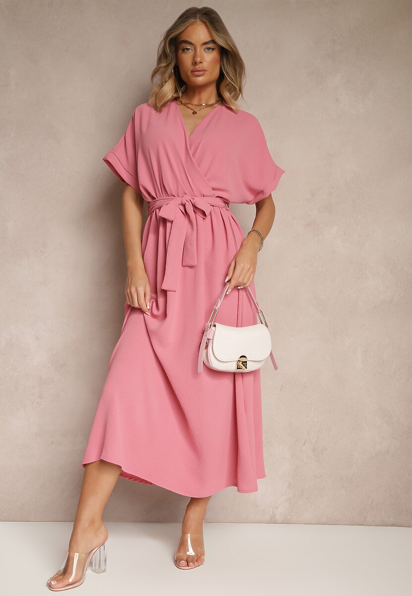 Różowa Rozkloszowana Sukienka z Bawełną i Paskiem Lunapinia