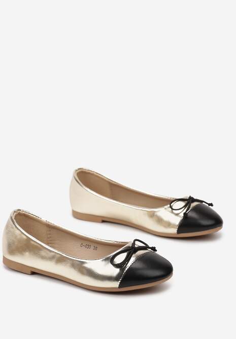 Złote Balerinki z Ozdobną Kokardką i Kontrastowym Noskiem Sanahia