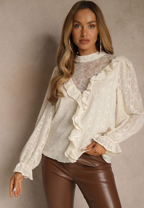 Beżowa Bluzka z Koronką i Falbankami Zdobiona Metalicznymi Przeszyciami Aliafera