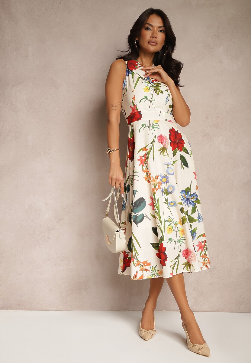 Beżowa Bawełniana Sukienka w Kwiaty Rozkloszowana z Kołnierzykiem Ilaniven