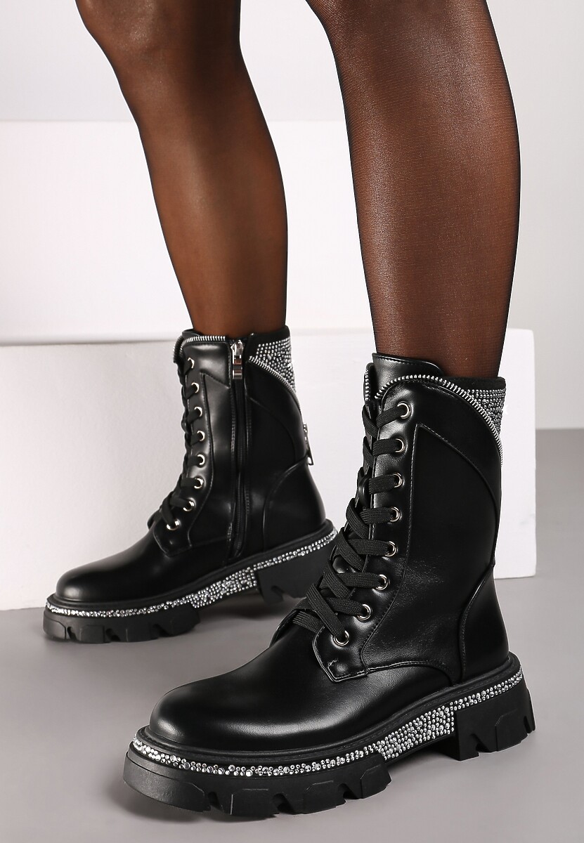 Czarne Botki w Typie Workerów z Ozdobnymi Cyrkoniami Eriselaes