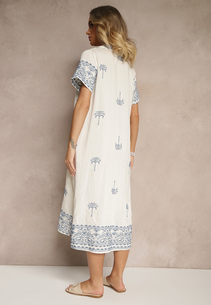 Biała Sukienka z Wiskozą o Pudełkowym Kroju z Kołnierzykiem z Haftem Sanavelle