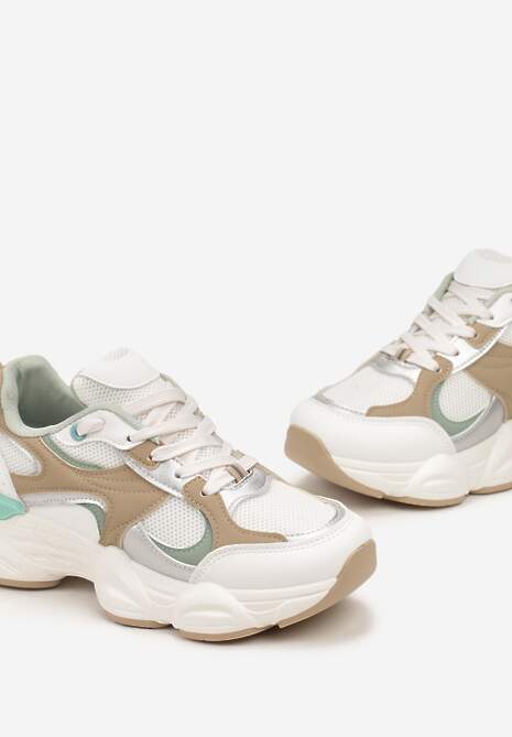 Biało-Beżowe Sneakersy ze Wstawkami Metalicznymi i Siateczką na Grubej Podeszwie Riliera