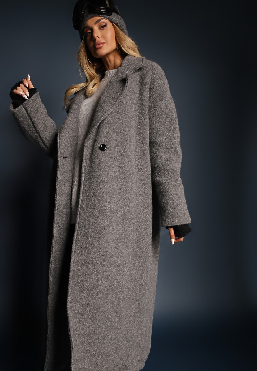Ciemnoszary Długi Płaszcz Jednorzędowy o Kroju Oversize Vlekoma