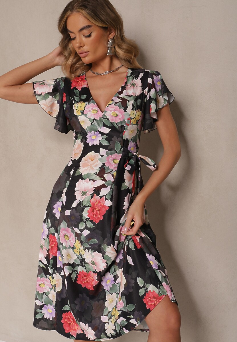 Czarna Kopertowa Sukienka w Kwiaty Atesalia