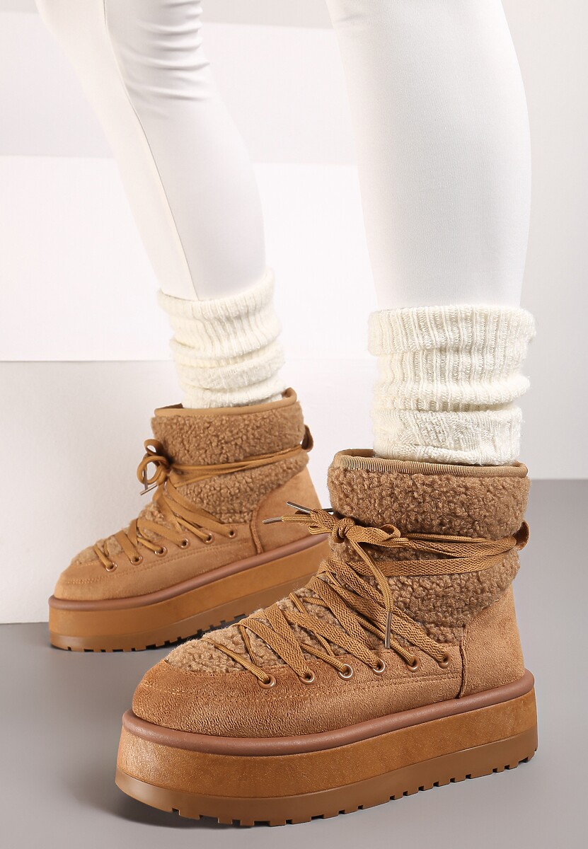 Brązowe Śniegowce na Platformie Ozdobione Sznurowaniem Sinessia