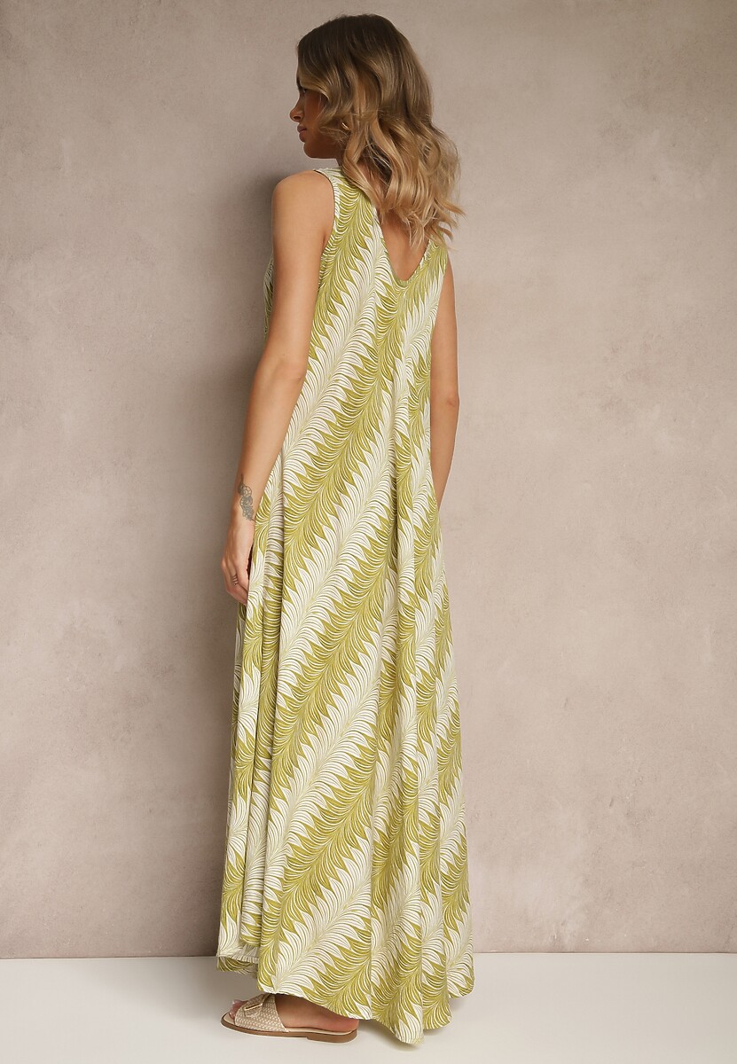 Zielona Rozkloszowana Sukienka z Geometrycznym Wzorem Lumire