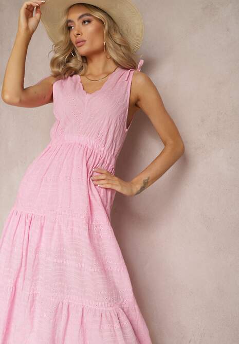 Różowa Rozkloszowana Sukienka Midi z Bawełny Ozdobiona Haftem z Troczkiem w Pasie Tuvina