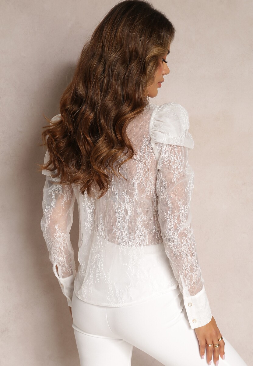 Biała Przezroczysta Koszula z Bufiastymi Rękawami Helunne