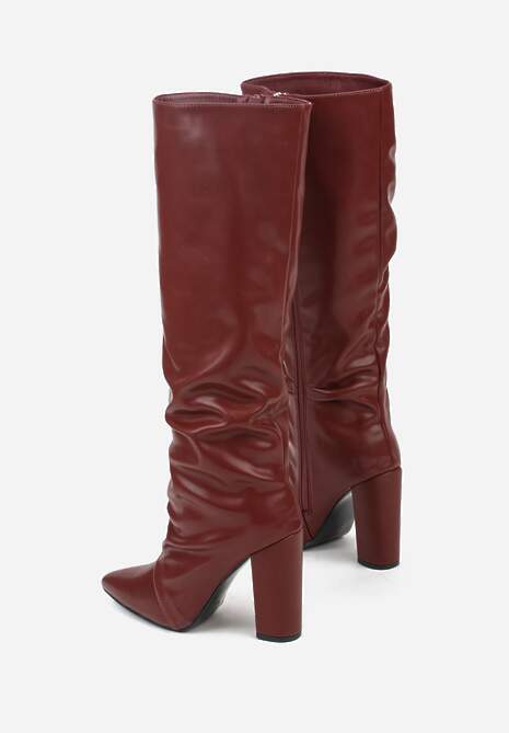 Bordowe Marszczone Kozaki na Słupkowym Obcasie z Noskiem w Szpic Badara