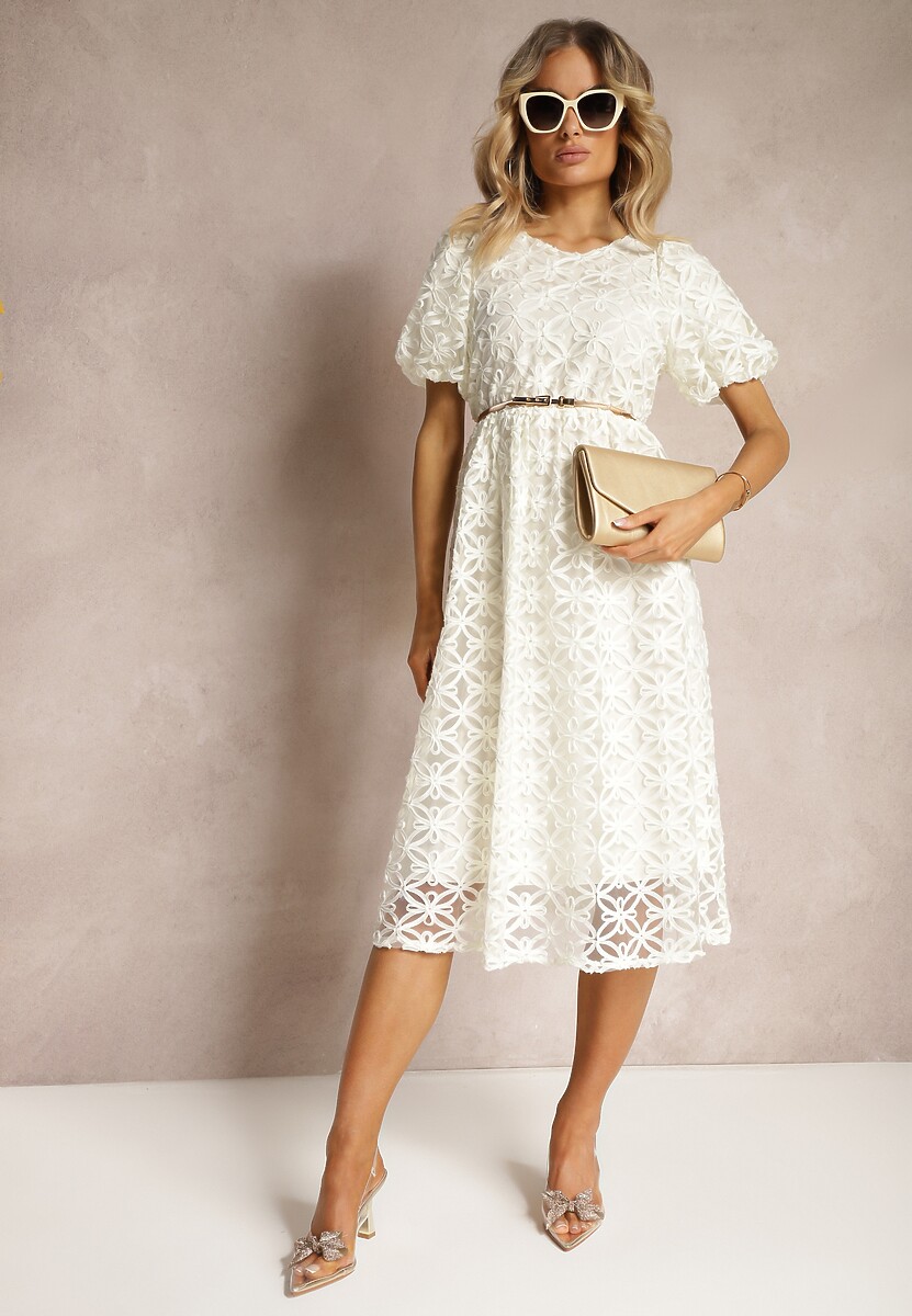 Beżowa Sukienka z Tiulem we Wzory o Rozkloszowanym Fasonie Zorbia