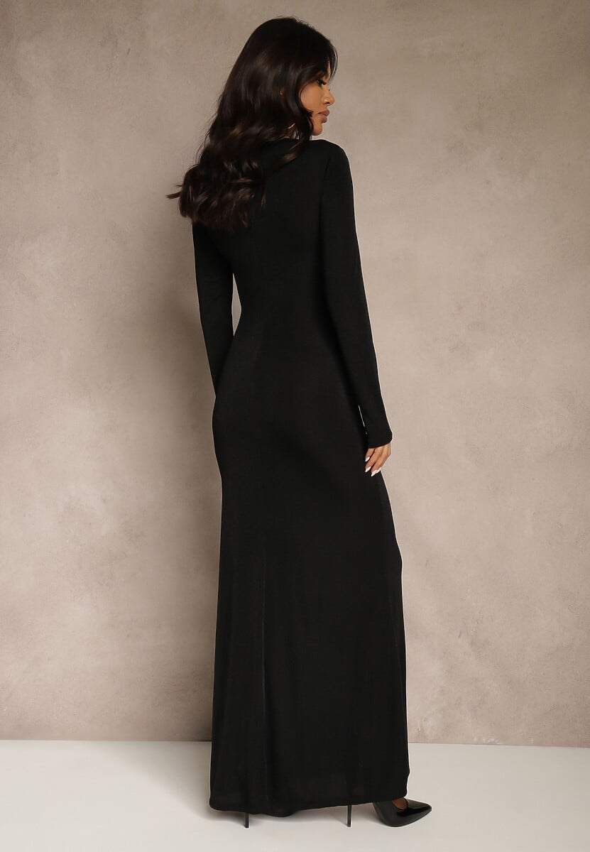 Czarna Taliowana Sukienka Koktajlowa Lonsgleeve z Elegancką Aplikacją Idirena