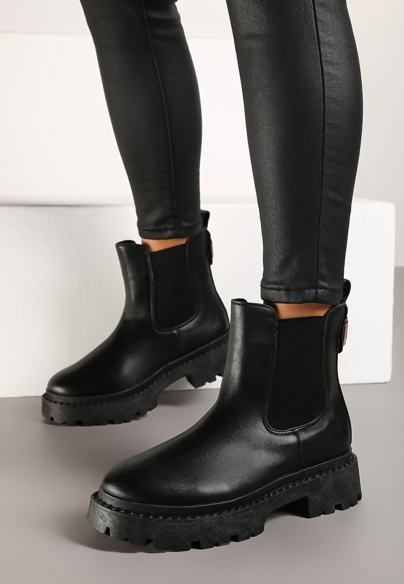 Czarne Botki na Platformie w Stylu Sztybletów z Gumką i Metalicznym Wykończeniem Lerives