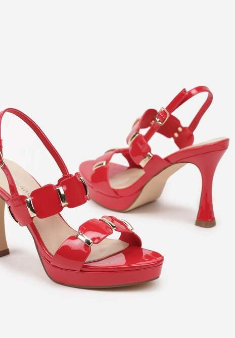 Czerwone Lakierowane Sandały na Szpilce z Ozdobnymi Paskami Vilamia