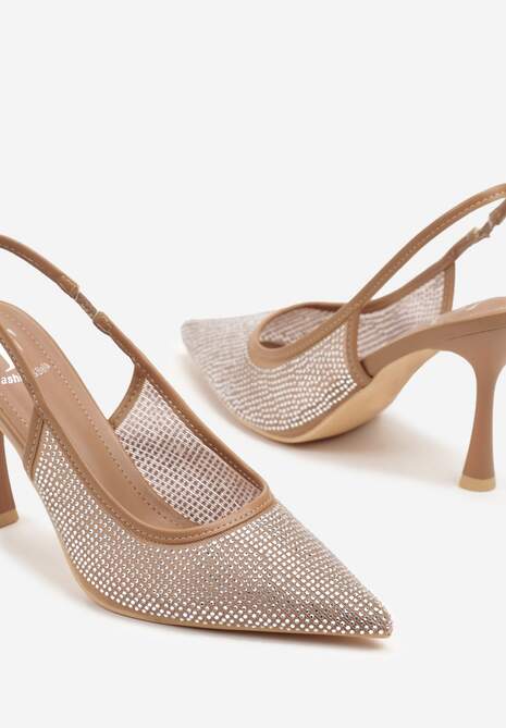 Brązowe Sandały Szpilki Slingback z Noskiem w Szpic Zdobione Cyrkoniami Zenvia