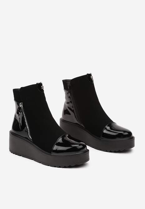 Czarne Botki na Koturnie z Lakierowanymi Wstawkami i Ozdobnym Suwakiem Lannovia