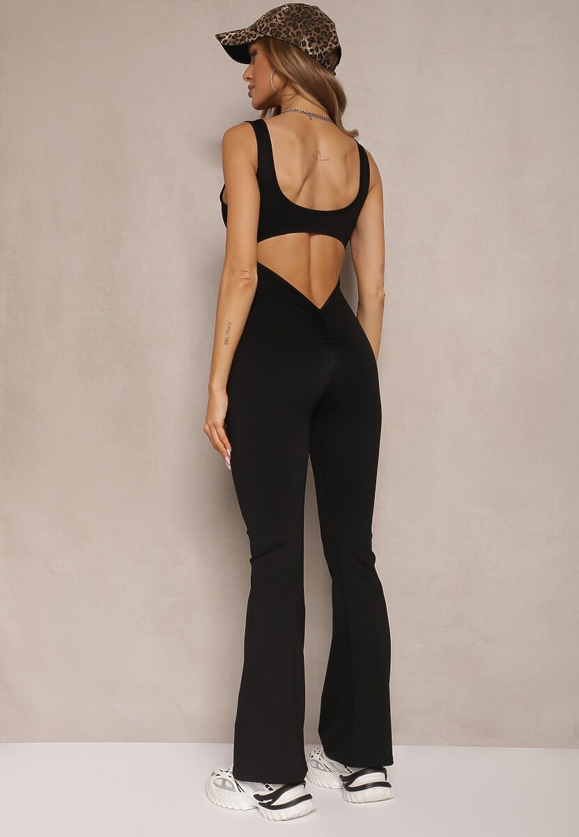 Czarny Kombinezon Taliowany z Wycięciem na Plecach i Usztywnianymi Miseczkami Senimi