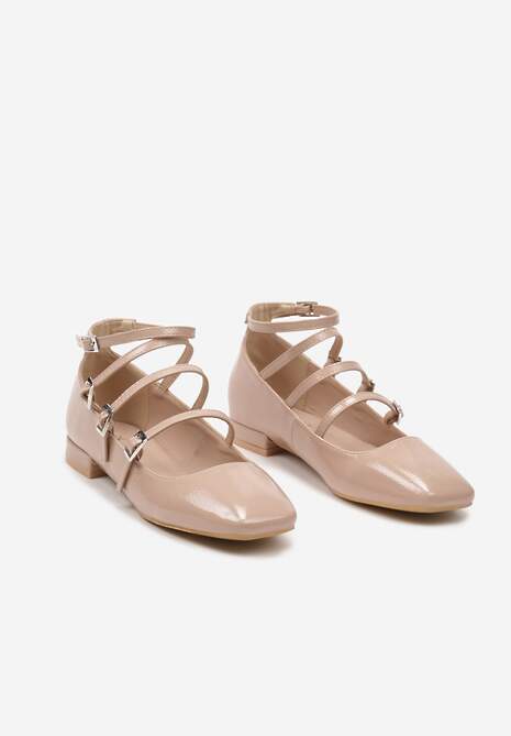 Beżowe Balerinki z Paskami Zapinanymi na Sprzączki Prundia