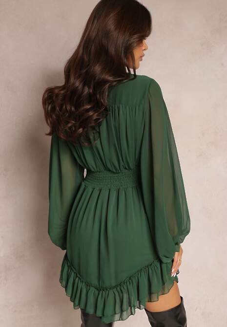 Ciemnozielona Sukienka Mini z Marszczoną Gumką i Przezroczystymi Rękawami Janay