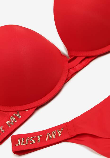 Czerwony Komplet Ozdobiony Napisami z Biustonoszem z Efektem Push-Up i Majtkami Bralicia