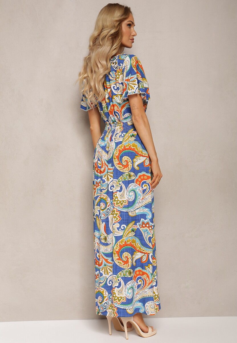 Niebieska Rozkloszowana Sukienka z Bawełny o Kopertowym Kroju w Print Paisley Piavella