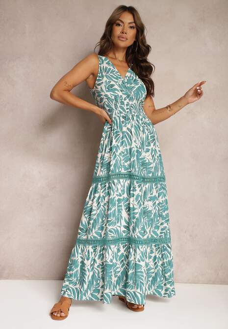 Zielona Sukienka a Kwiatowa Sukienka Zdobiona Wiązaniem z Tyłu i Gumką w Pasie Rivattia