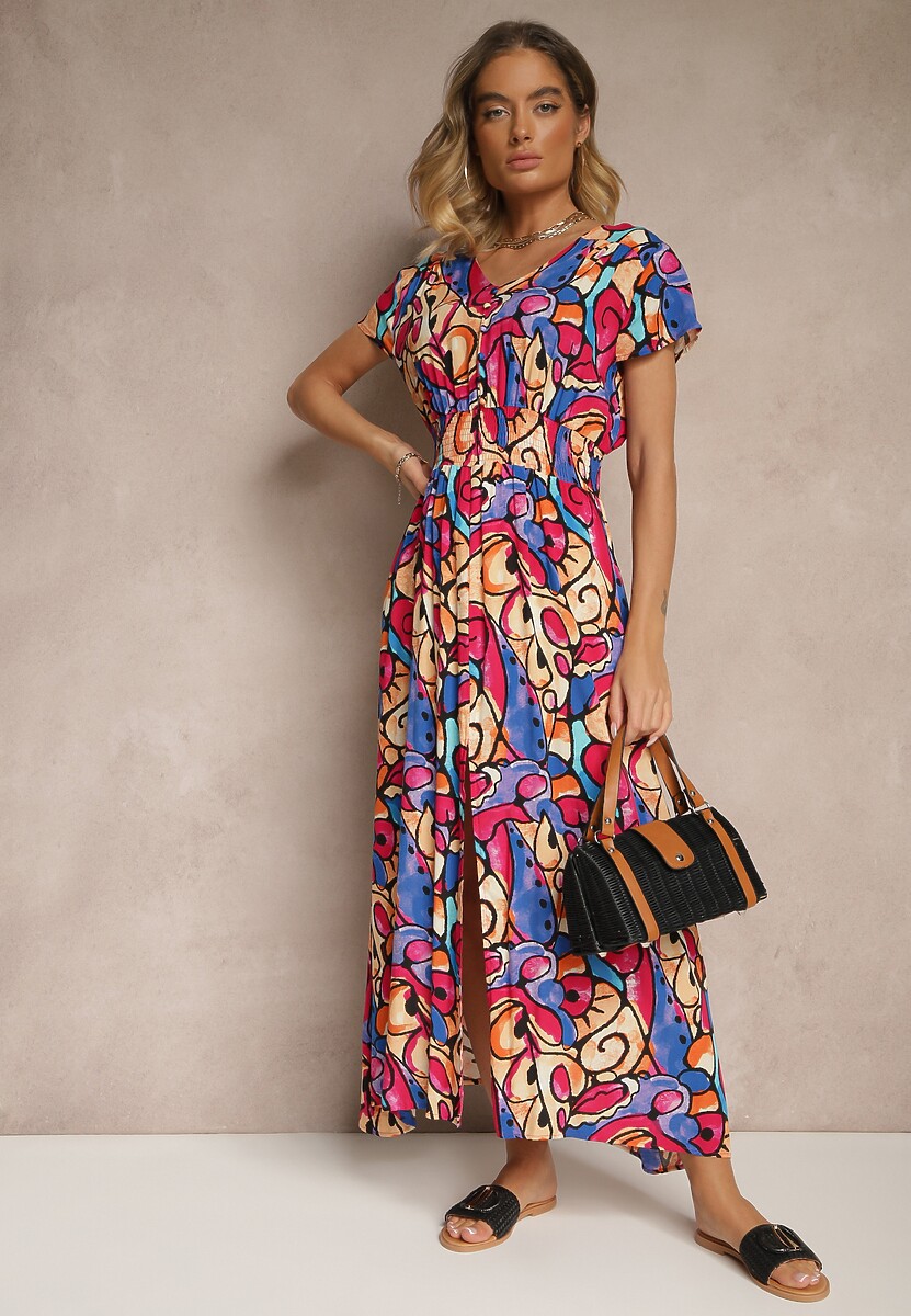 Różowa Sukienka z Bawełny w Abstrakcyjny Wzór Emisienna