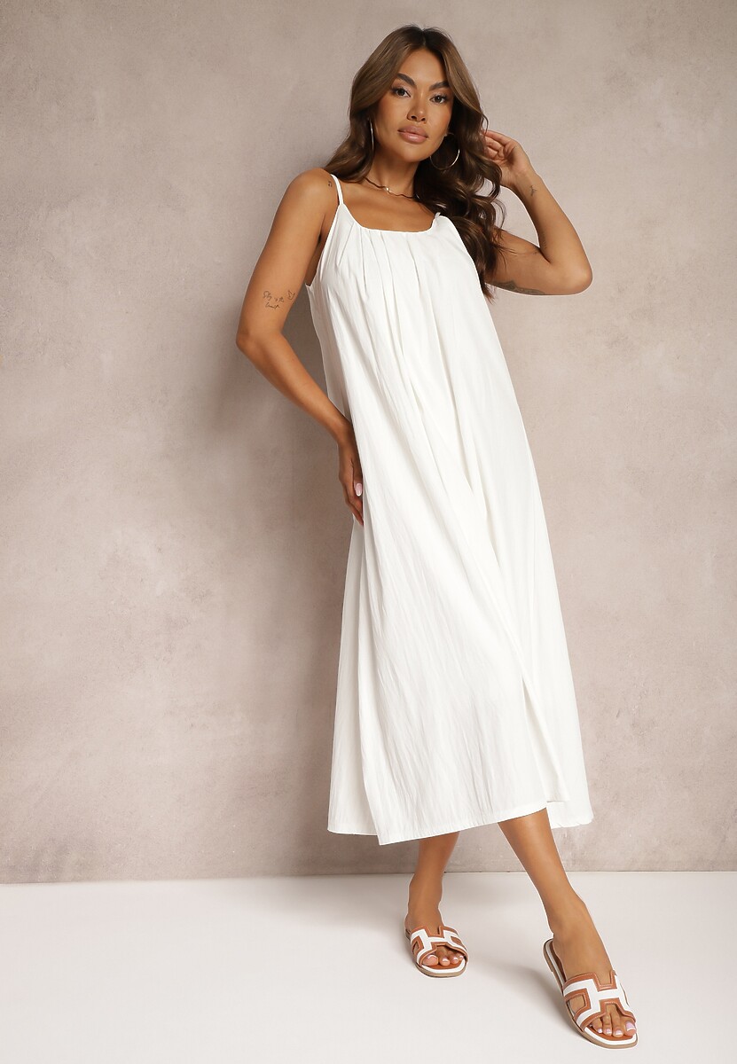 Biała Trapezowa Sukienka z Dodatkiem Bawełny na Ramiączkach Wykończona Sznurkiem Nerceria