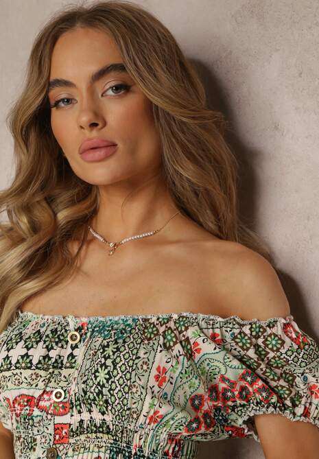 Jasnozielona Sukienka Midi Hiszpanka z Gumkami w Talii z Wiskozy Naomita