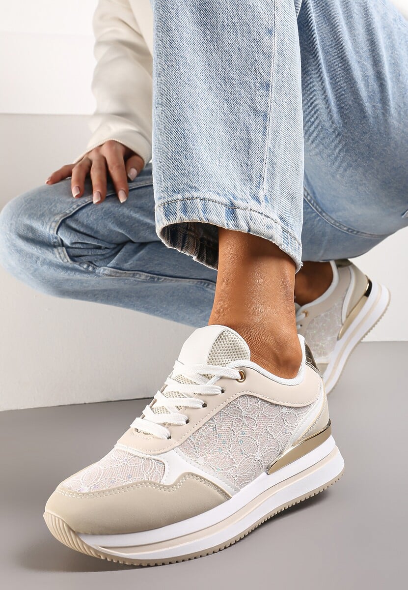 Różowe Sneakersy na Grubej Podeszwie z Brokatem i Metaliczną Wstawką Velari