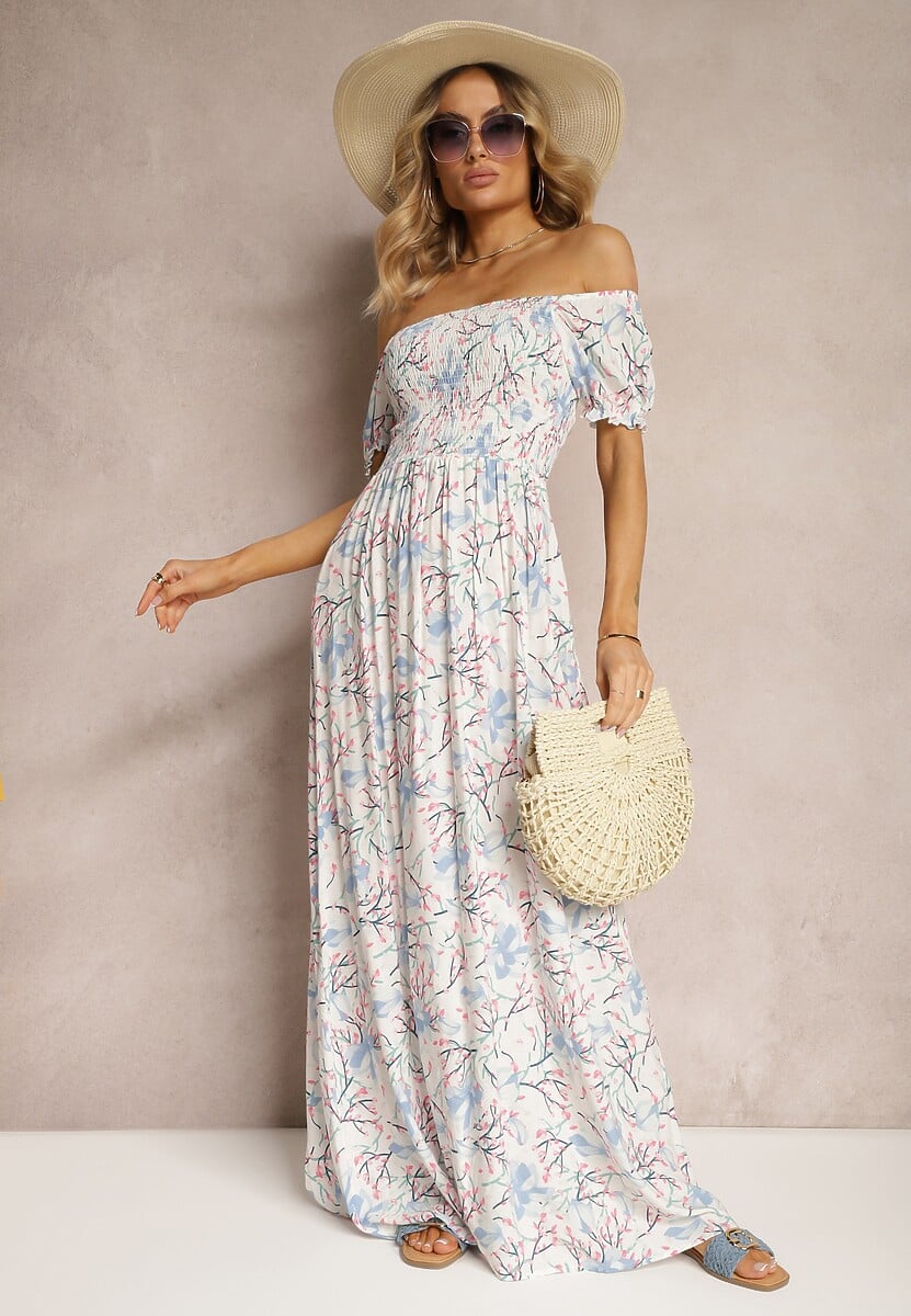 Biało-Niebieska Kwiecista Sukienka o Rozkloszowanym Kroju z Marszczoną Górą Eliseria