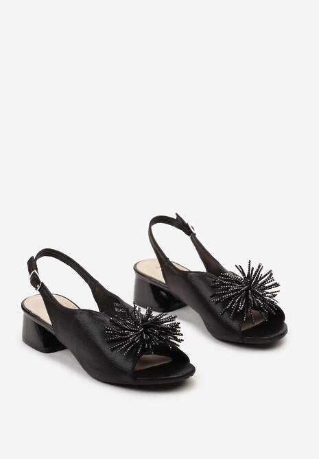 Czarne Sandały Vices na Słupku ze Skórzaną Wkładką z Pomponem i Cyrkoniami Tiraga