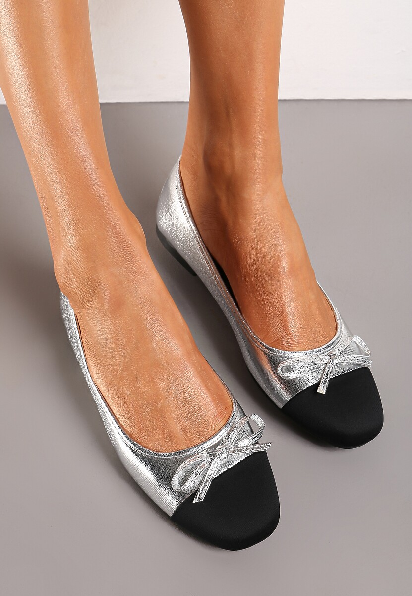 Złote Połyskujące Balerinki z Brokatową Kokardką i Kontrastowym Noskiem Saisa