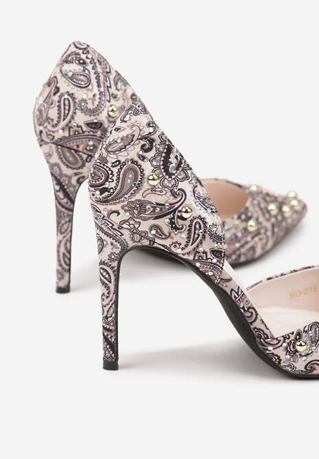 Beżowo-Czarne Szpilki z Noskiem w Szpic z Oryginalnym Wzorem z Cyrkoniami i Nitami Alfiratte