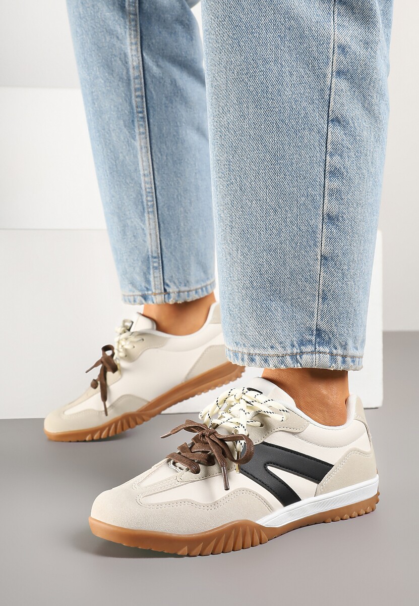 Beżowe Sneakersy w Stylu Kultowych Tenisówek z Podwójnymi Sznurówkami Nilaviela