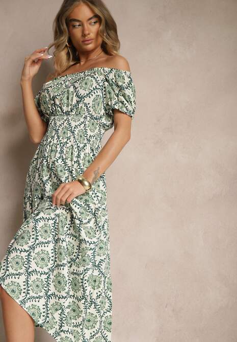 Zielona Sukienka z Bawełną Ozdobiona Bufiastymi Rękawami Revalle