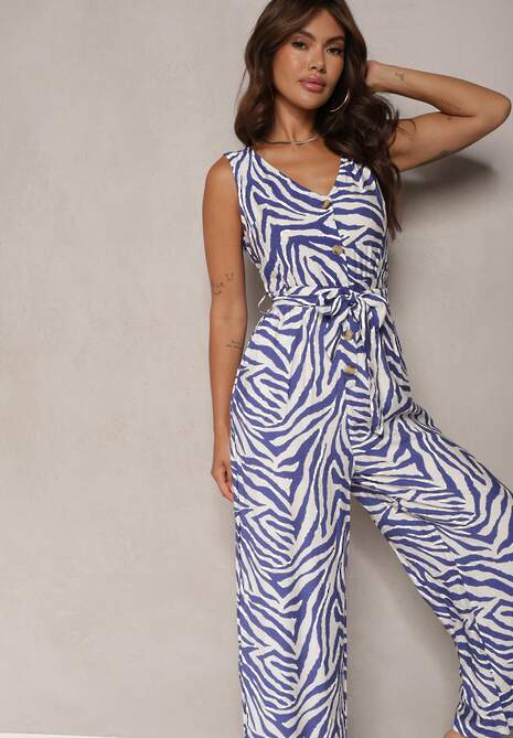 Niebieski Kombinezon z Wiskozy z Gumką w Talii Guzikami i Wiązanym Paskiem Davivia