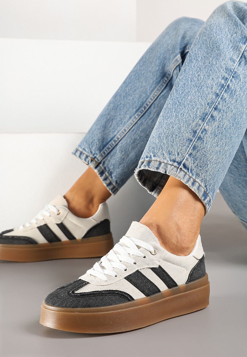 Czarno-Beżowe Sneakersy Tenisówki na Kauczukowej Podeszwie Ardisora