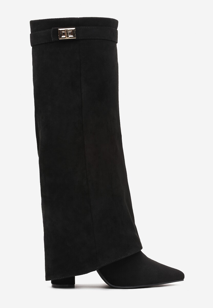 Czarne Kozaki na Słupku z Wywiniętą Cholewką i Klamerką Upaxa