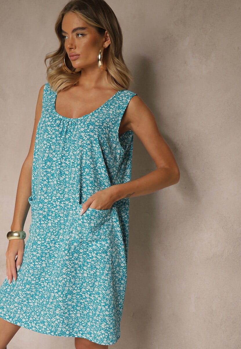 Czarna Rozkloszowana Sukienka na Szerokich Ramiączkach w Kwiatowy Wzór Folivena