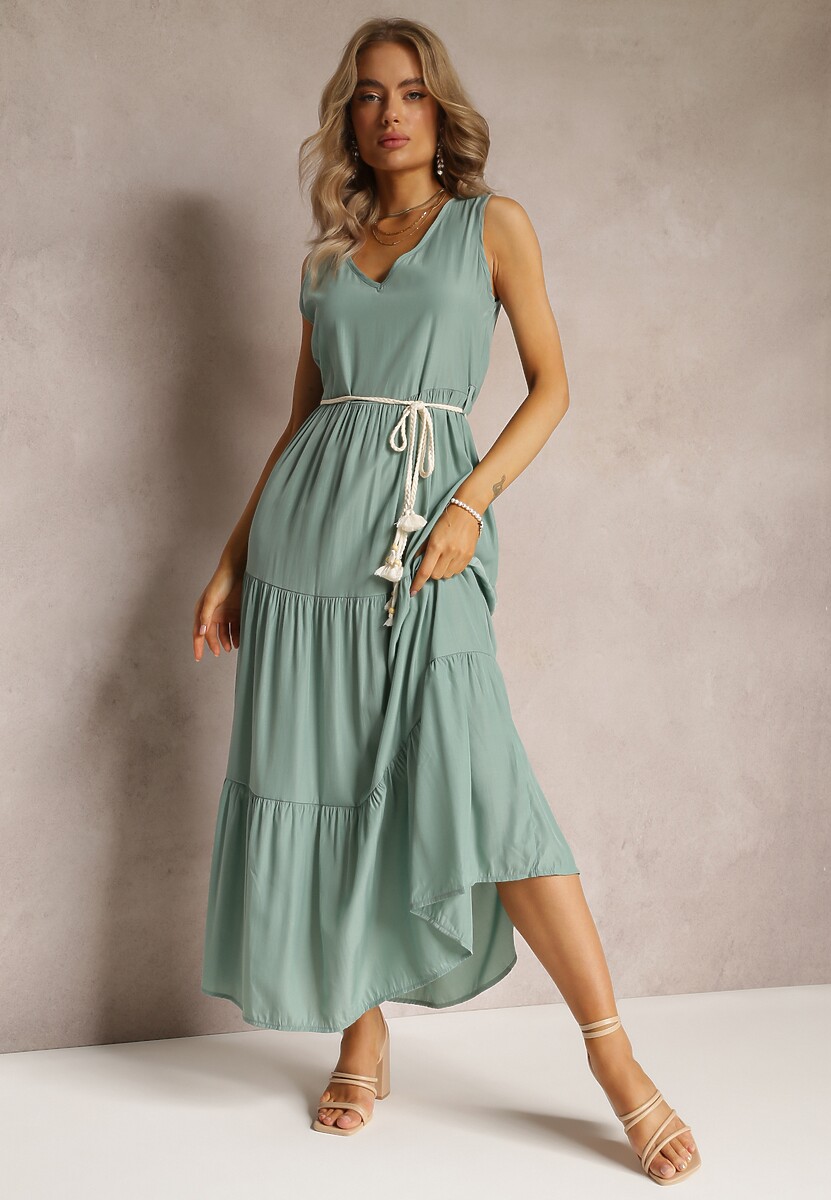 Biała Sukienka Maxi o Rozkloszowanym Fasonie z Ozdobnym Sznurkiem i Trójkątnym Dekoltem Zornitsa