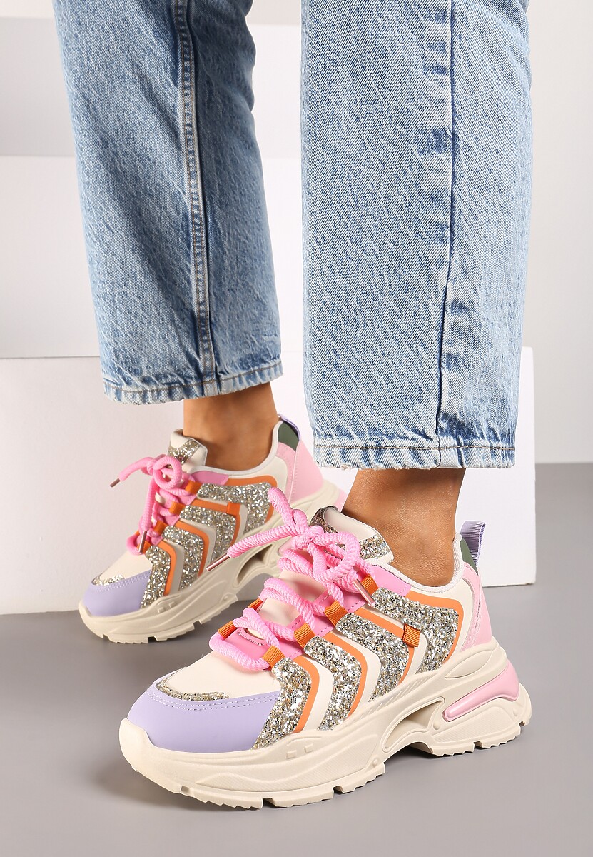 Beżowo-Fioletowe Sznurowane Sneakersy na Platformie Ozdobione Brokatem Ewla