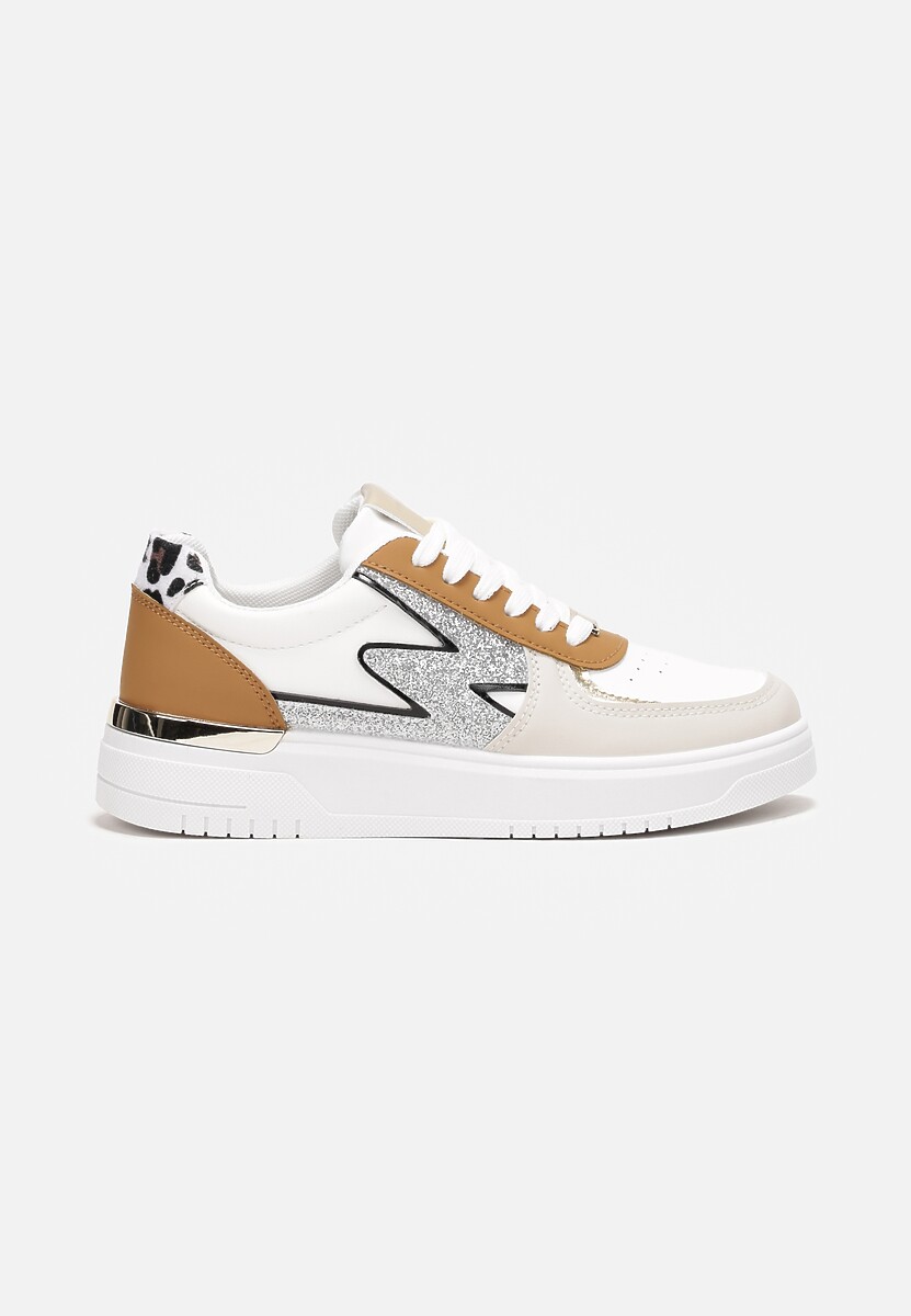 Biało-Brązowe Płaskie Sneakersy z Metalową i Brokatową Wstawką Nebritta