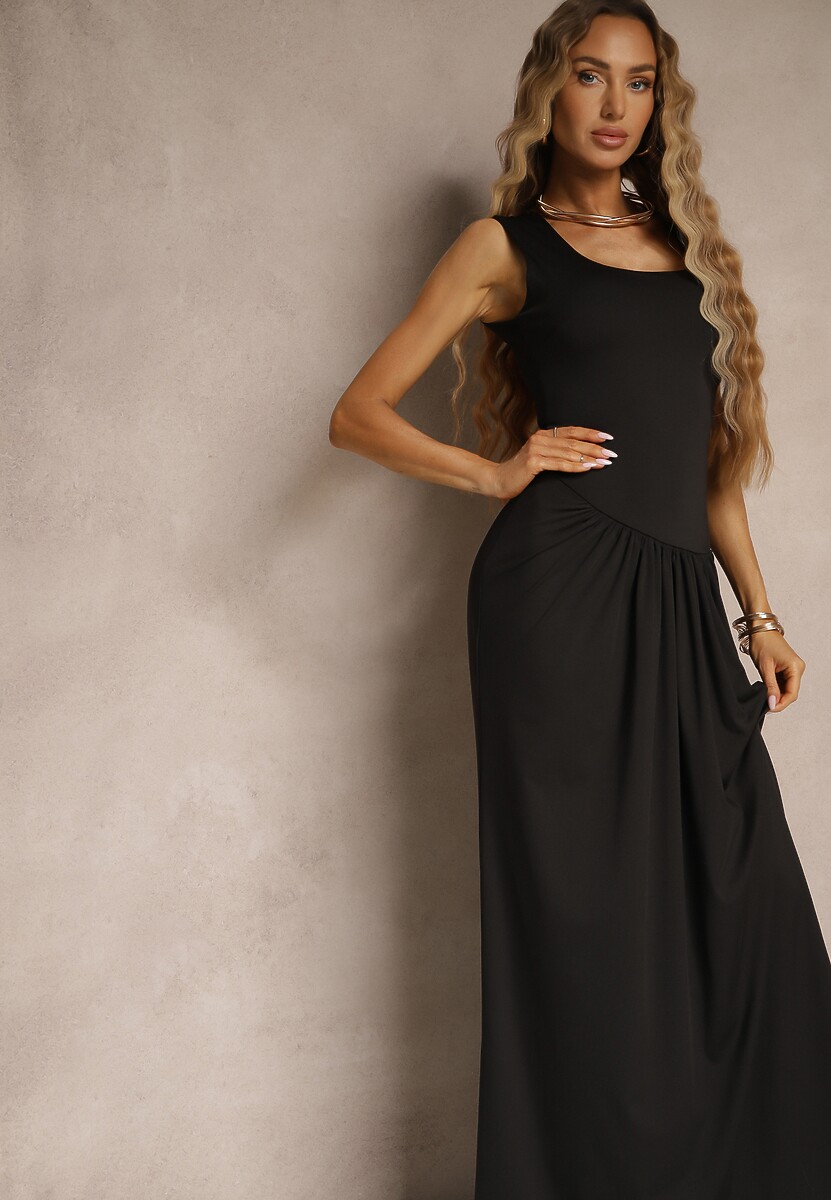 Czarna Marszczona Sukienka o Taliowanym Kroju z Dodatkową Narzutką z Siateczki Milarielis