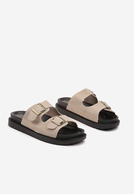 Ciemnobeżowe Klapki w Casualowym Stylu ze Sprzączkami Cinea