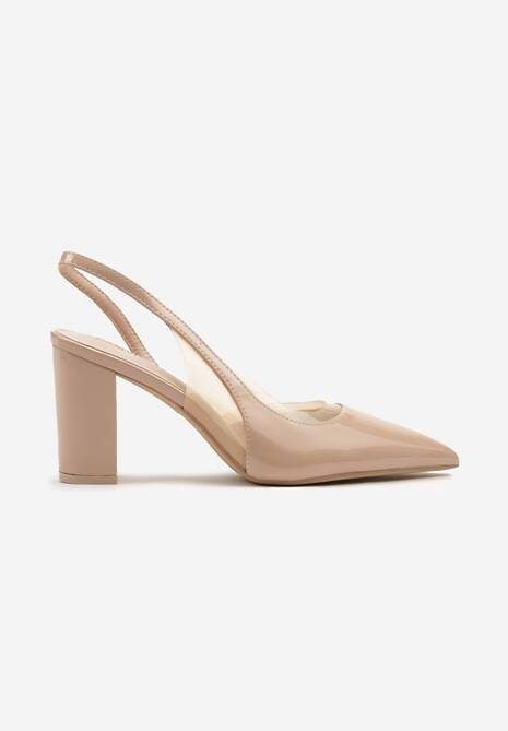 Beżowe Sandały Lakierowane na Słupku typu Slingback Dralzedi