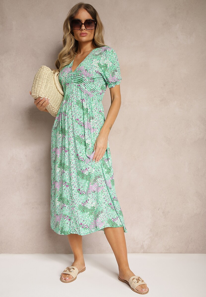 Zielona Wiskozowa Sukienka Midi z Krótkimi Rękawami i Głębokim Dekoltem Emsle